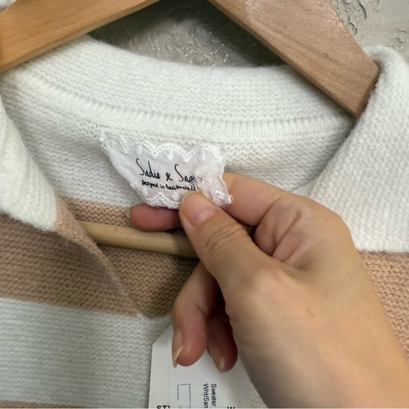 NWT Sadie & sage sz L White /Sand Lorelei Stripe cropped collar Sweater - Picture 4 of 8